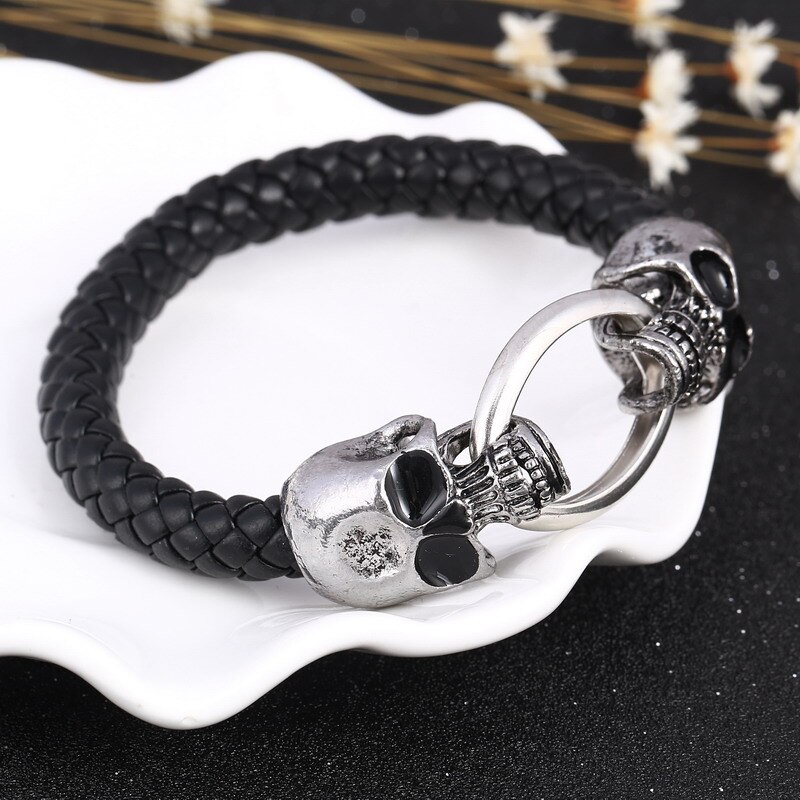 Classical Black Handmade Leather Chain Weaved Man Skull Bracelets Magnet Clasp 316L Stainless Steel Wristband