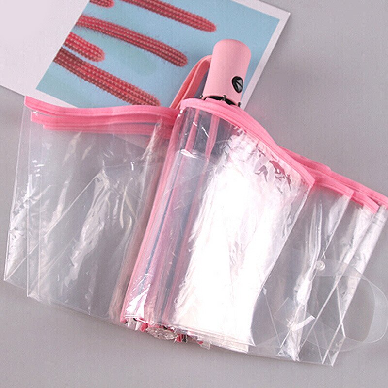 Automatisk gennemsigtig foldbar paraply vindbestandig foldning automatisk paraply regn sol auto vindtæt paraply: Lyserød