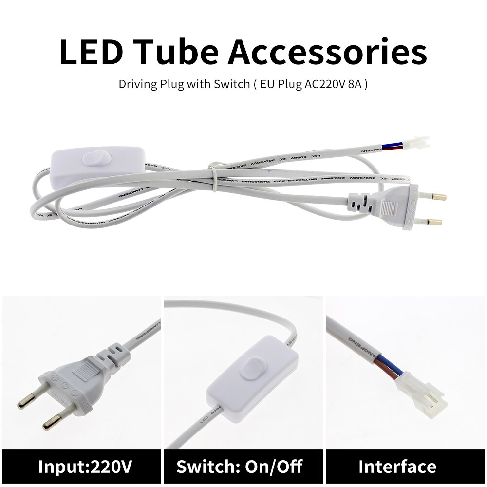 Cable de alimentación con enchufe europeo AC220V con conector de interruptor, cables eléctricos para tubo LED, 1M, Cable de extensión de fuente de alimentación para luces de barra LED