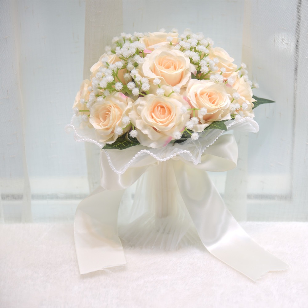 Baby's Atem Romantische Hochzeitssträuße Künstliche Seidenblumen Schleifenband Brautstrauß Exquisiter Perlen-Spitzen-Weißrosenstrauß: Silber