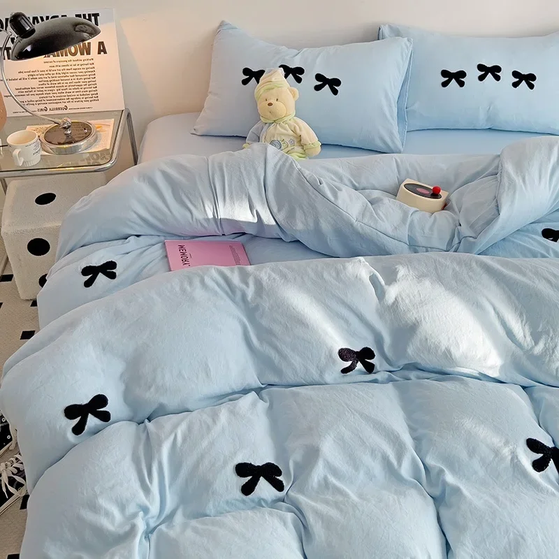 Lindo juego de funda nórdica con lazos rosas, juegos de cama con bordado 3D, juego de cama rosa, cómodas fundas de edredón Queen suaves para niñas, niños y adolescentes: Completo / Gris