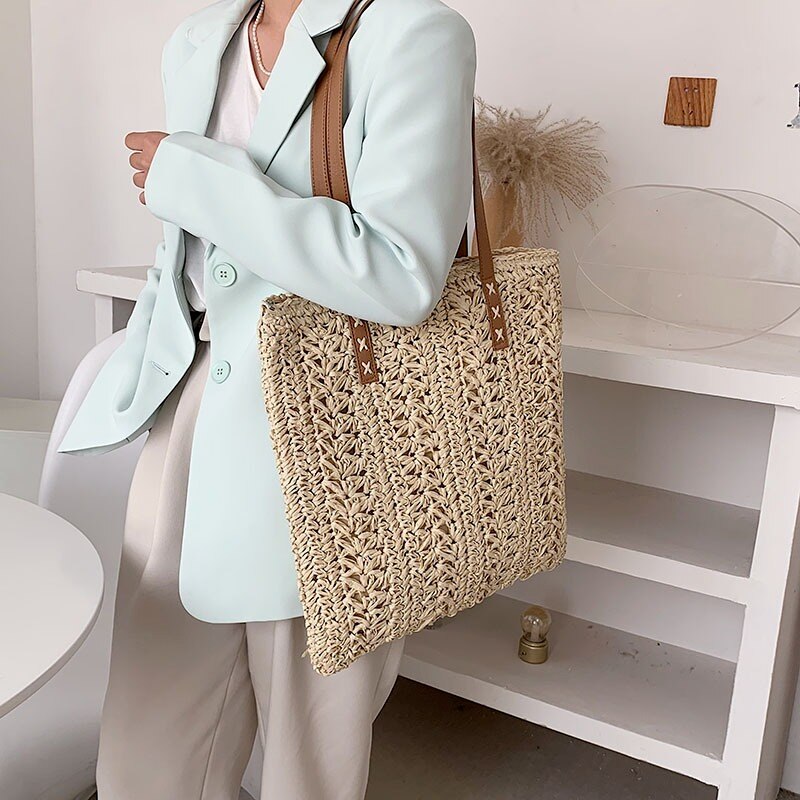 Square Hollow Straw Beach Bag Handmade Woven Shoulder Bag Raffia Rattan Shopping Travel Bag Bohemian Summer Vacation Casual Tote