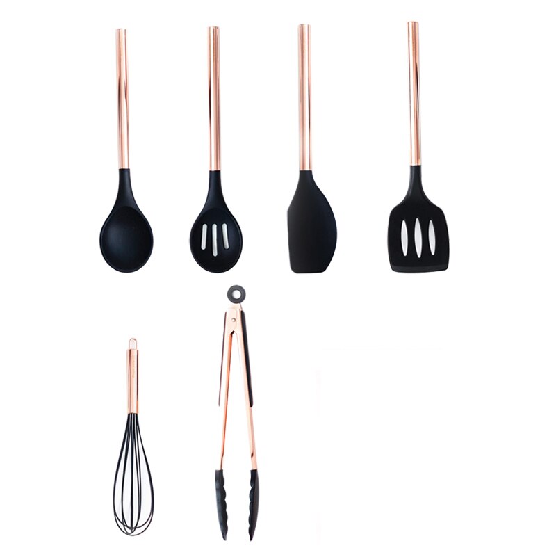 6/7 Pcs Silicone Kitchen Spatula Set,Cooking Utensils Sets with Rose Gold Handle Silicone Kitchen Tools Non-stick Kitchenware: 6PCS Black