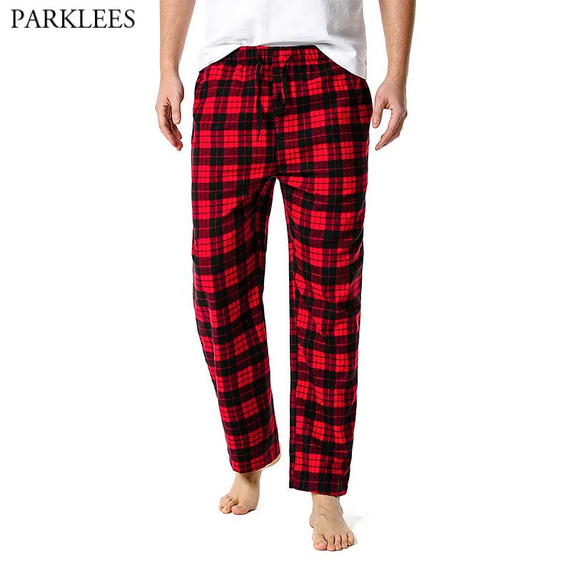 Red Black Plaid Pajama Pants Men Lounging Relaxed House PJs Sleep Bottoms Mens Flannel Cotton Drawstring Button Fly Sleepwear