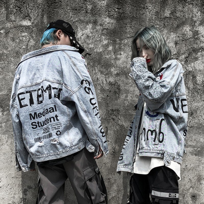 Mens Graffiti Denim Jassen Streetwear Hip Hop Casual Patchwork Ripped Verontruste Punk Rock Jeans Jassen Uitloper