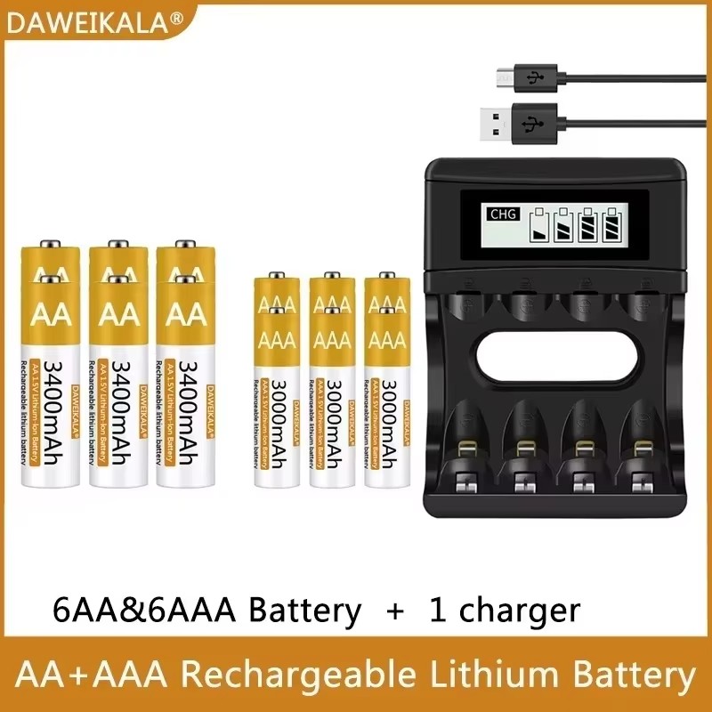 1.5v stk. aa/aaa genopladelige lithium-batterier. -100%  stk. originale polymer-li-ion-batterier med usb-oplader. hurtigopladning, lang levetid til legetøj/genbrug.: Brun