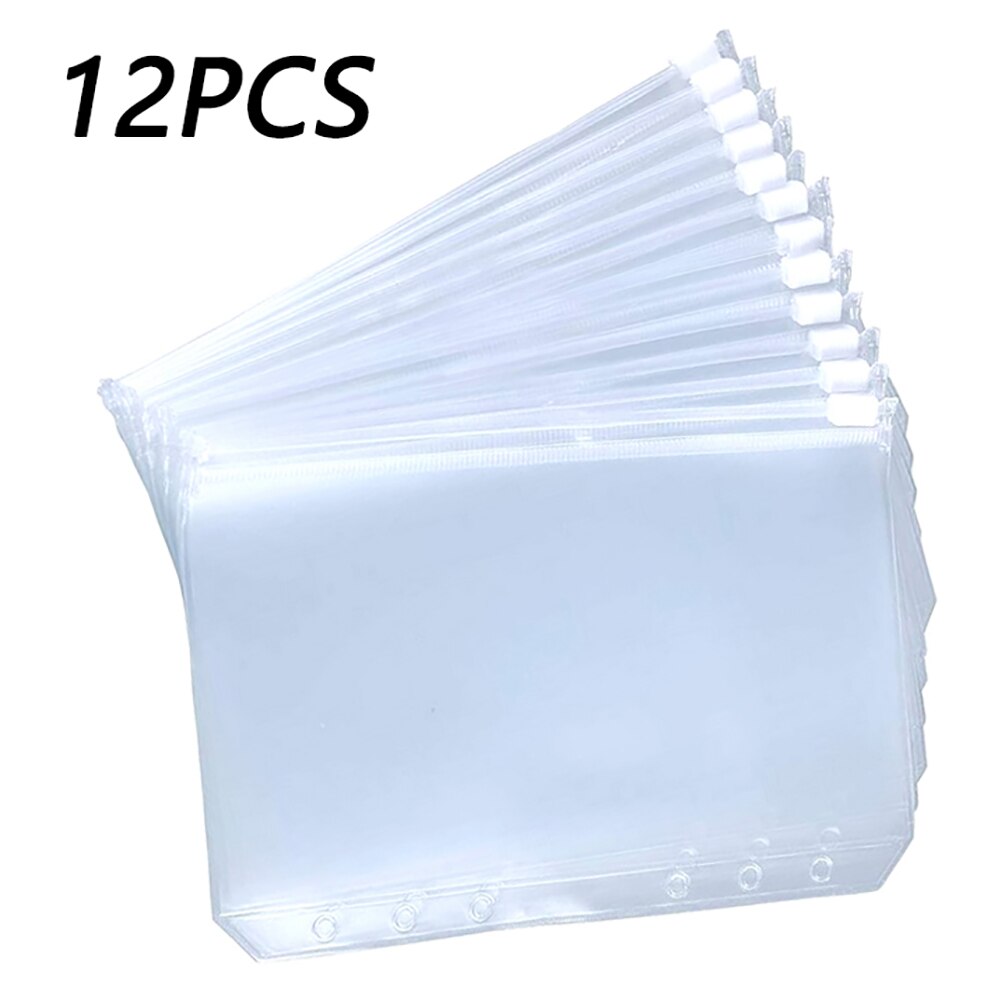 Lot de pochettes plastifiées transparentes et perforées pour classeur, reliure de rangement à glissière pour cahier à 6 anneaux, feuilles mobiles de papeterie, pochette range document, A5 A6 A7, 12 pièces,: A6