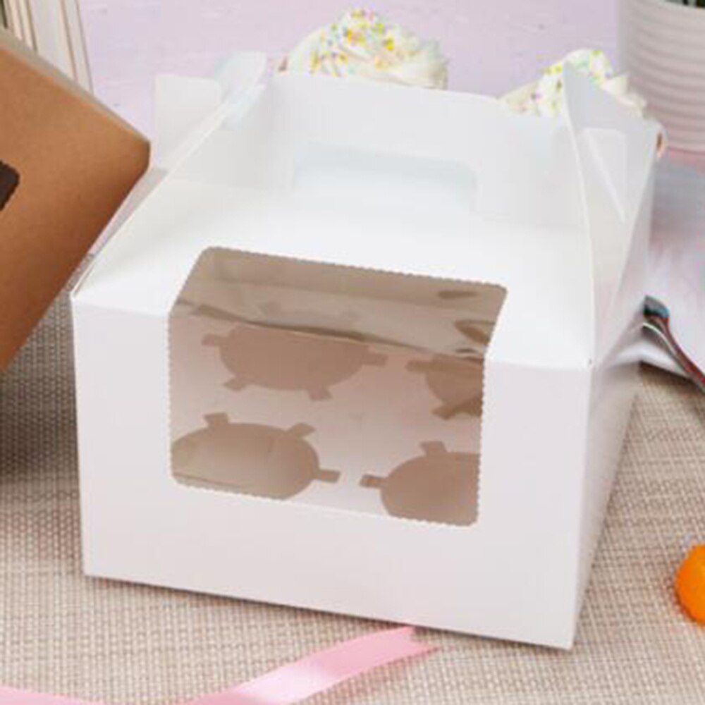 10Pcs 4 Holtes Papier Cupcake Doos Draagbare Dessert Containers Bakkerij Cake Dragers Voor Thuis Dessert Winkel (Kraft)