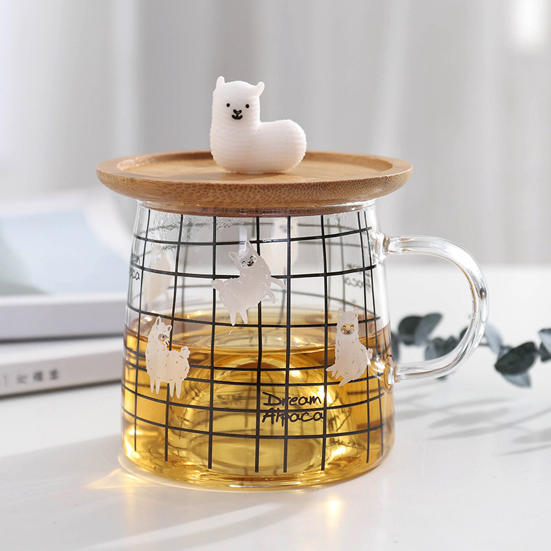 Leuke 3D Alpaca Glas Mok Met Bamboe Deksel, hittebestendig Glas Mokken Ochtend Mok Melk Koffie Thee Ontbijt Cup Voor: 01