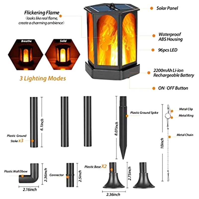 Solar Lantern Lights Dancing Flame Waterproof Outdoor Hanging Lantern Flickering Flame Torch Light 3 Lighting Modes Night Lights