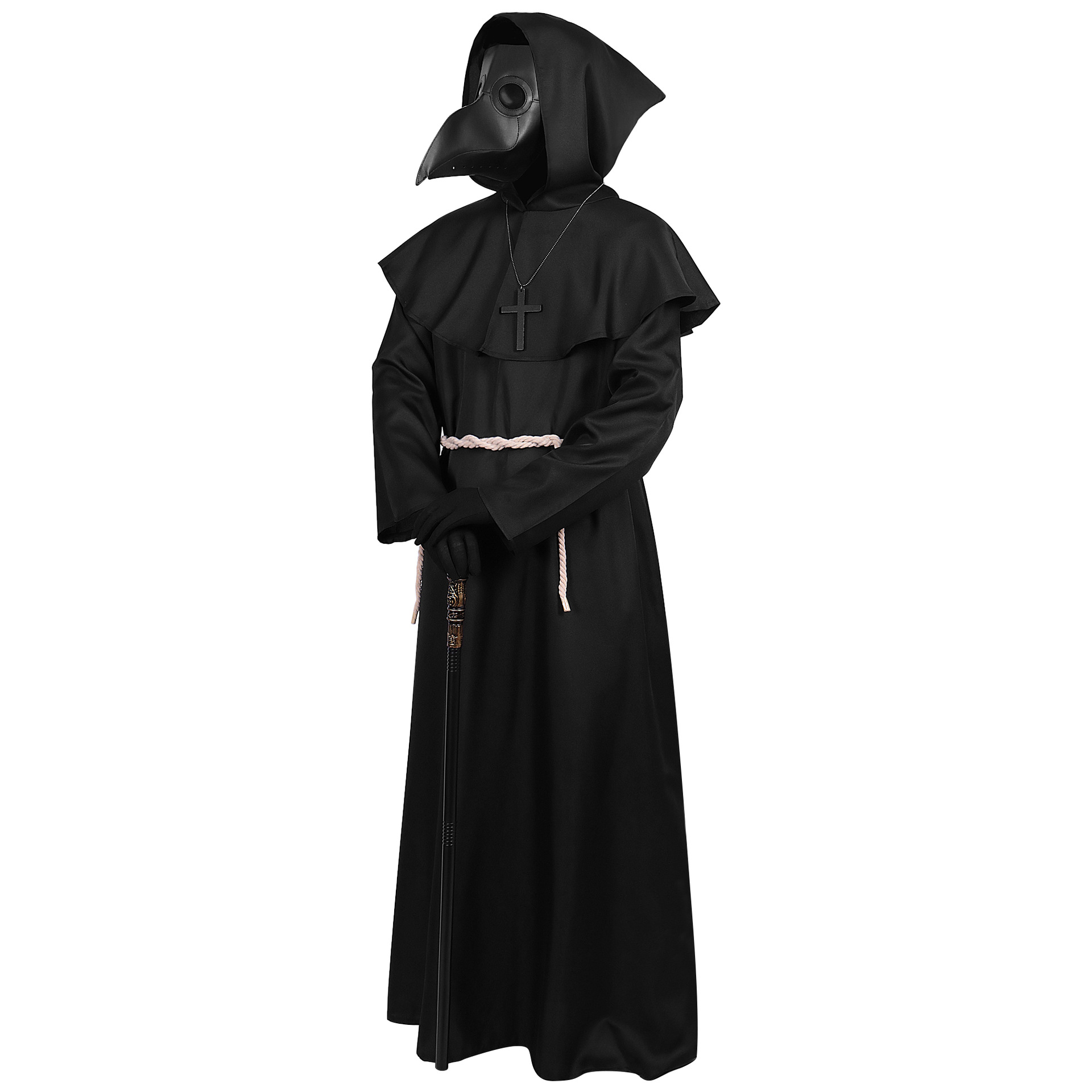 Costume cosplay di Halloween Abito da prete medievale Monaco Sacerdote Mantello da mago Set di maschere da medico della peste Accessori da palcoscenico Puntelli per feste