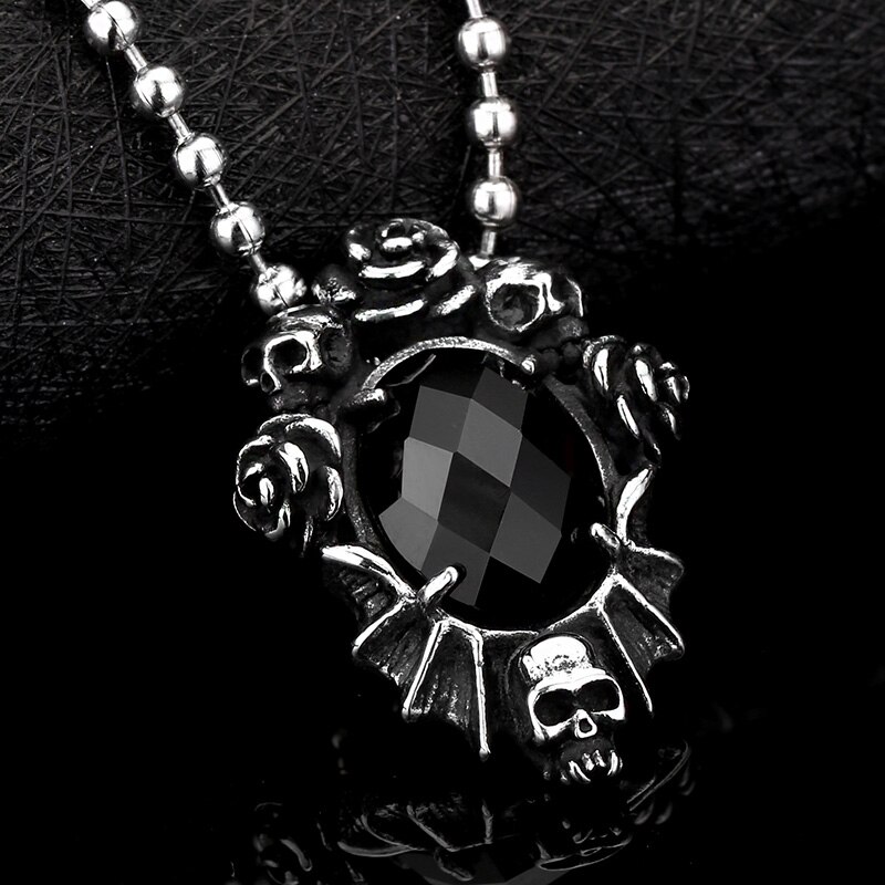 punk Acciaio Inox Cranio Collana Del Pendente Del Fiore con La Pietra Nera Degli Uomini di Modo del regalo Dei Monili della catena