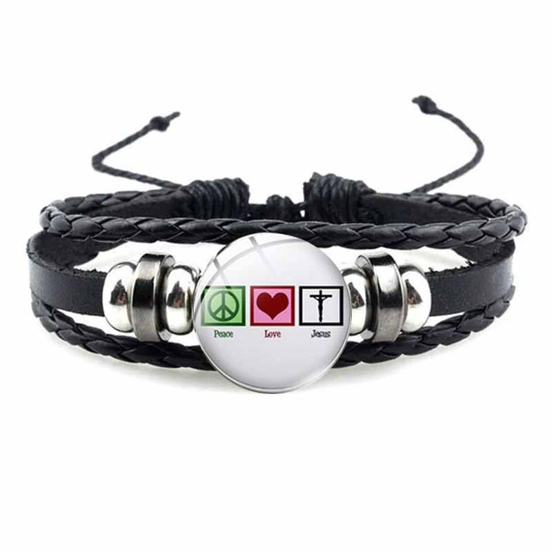 Bracelet avec symbole chrétien de poisson de jésus, bijou en verre fait à la main, Punk, en cuir tissé noir, bijoux manchette pour hommes et femmes: PLAQUÉ ARGENT