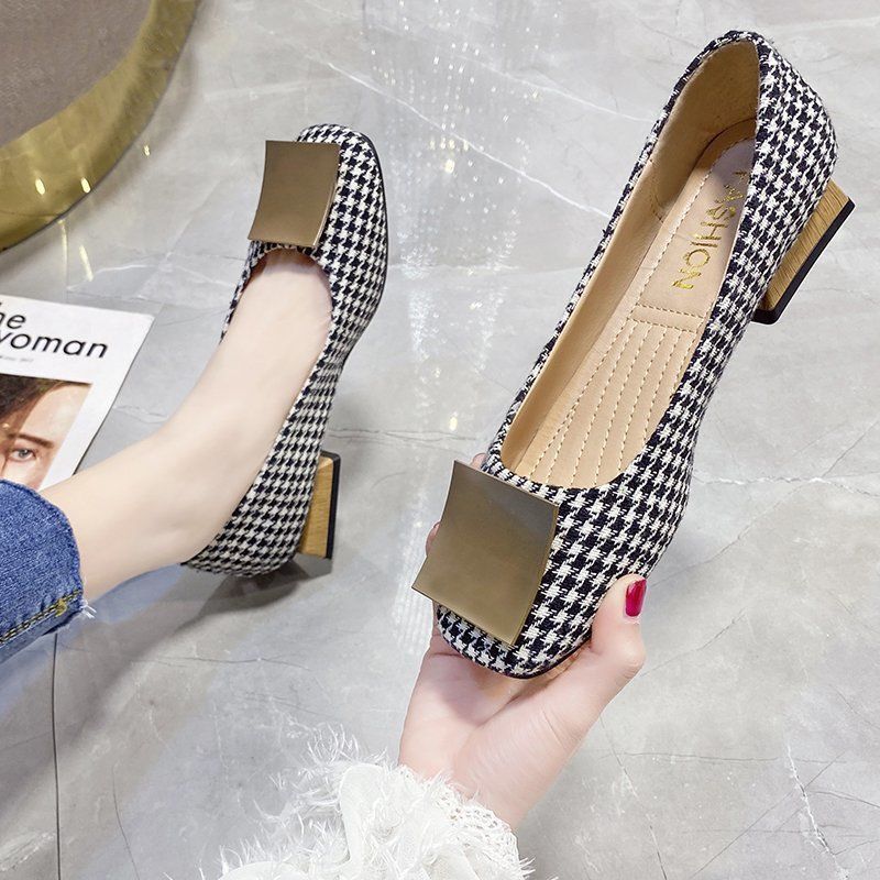 Cresfimix Women Classic Round Toe Office Square Heel Pumps Lady Casual Black Plaid Summer High Heel Shoes C6308