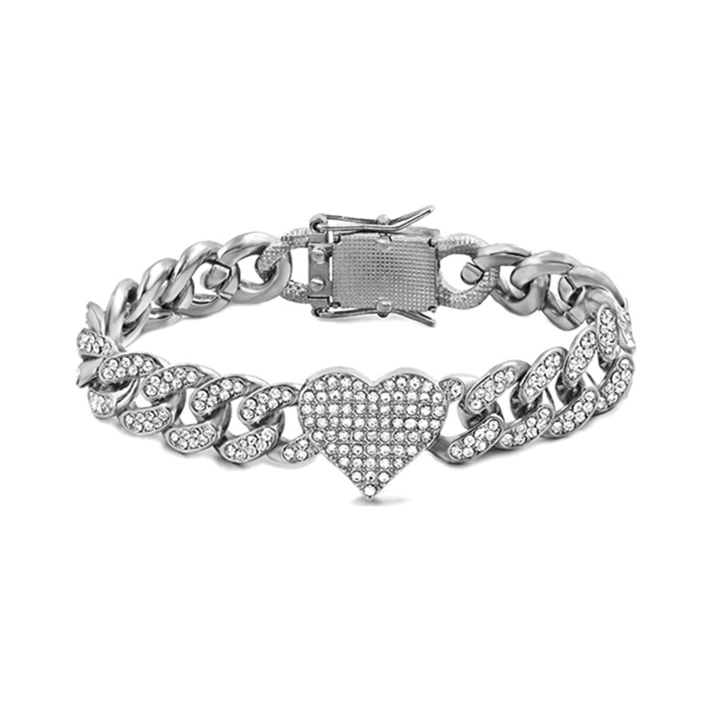Cadena de tenis con corazón de cristal helado, pulsera de cadena de eslabones cubanos de Miami para mujeres y hombres, pulseras de cadenas gruesas de hip hop, joyería
