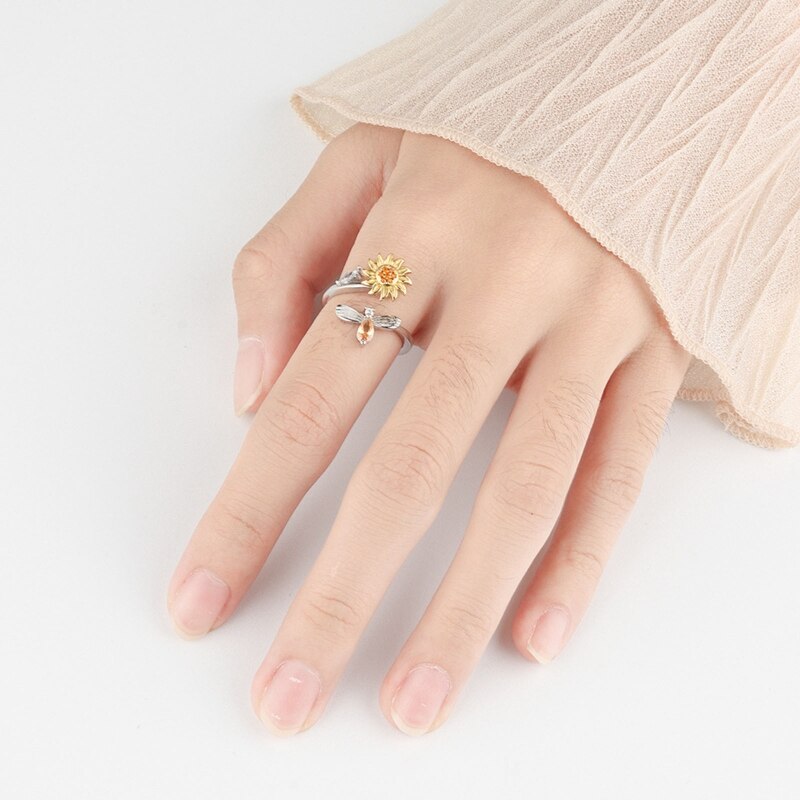 Fidget Spinner Ring Zirconia Angst Ring Zonnebloem Draaibare Verstelbare Open Vrede Ringen Verlichten Zorgen Stress