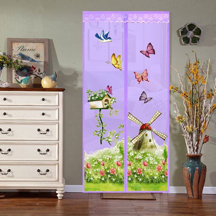 Zomer Patroon Magnetische Knop Klamboe Deur Screen Slaapkamer Keuken Zacht Garen Deur Gordijn Anti Insect Fly Mesh Deur Netto: Paars / 90-210