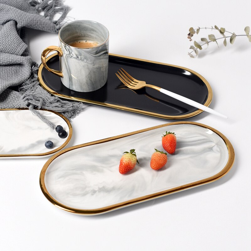 Gold Plating Keramische Marmer Storagebreakfast Ovale Plaat Sieraden Lade Dessert Decoratie Tray Zwart Wit Europa Voedsel Fruit