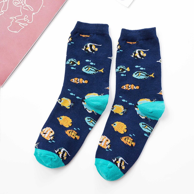 Vintage leopard djur strumpor kvinnor flickor streetwear tecknad skal fisk fjäril sjöjungfru panter hund katt bomullsstrumpor: Fisk