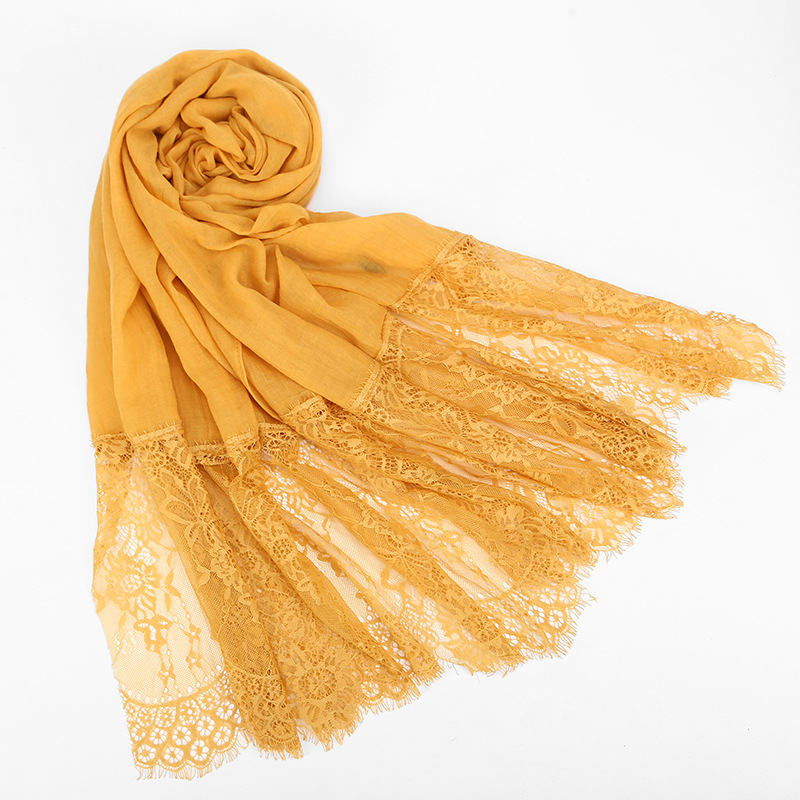 Longue dentelle populaire bords écharpe Hijab femme plaine Maxi châle enveloppement fleur dentelle florale Foulard Viscose coton musulman écharpe Hijabs