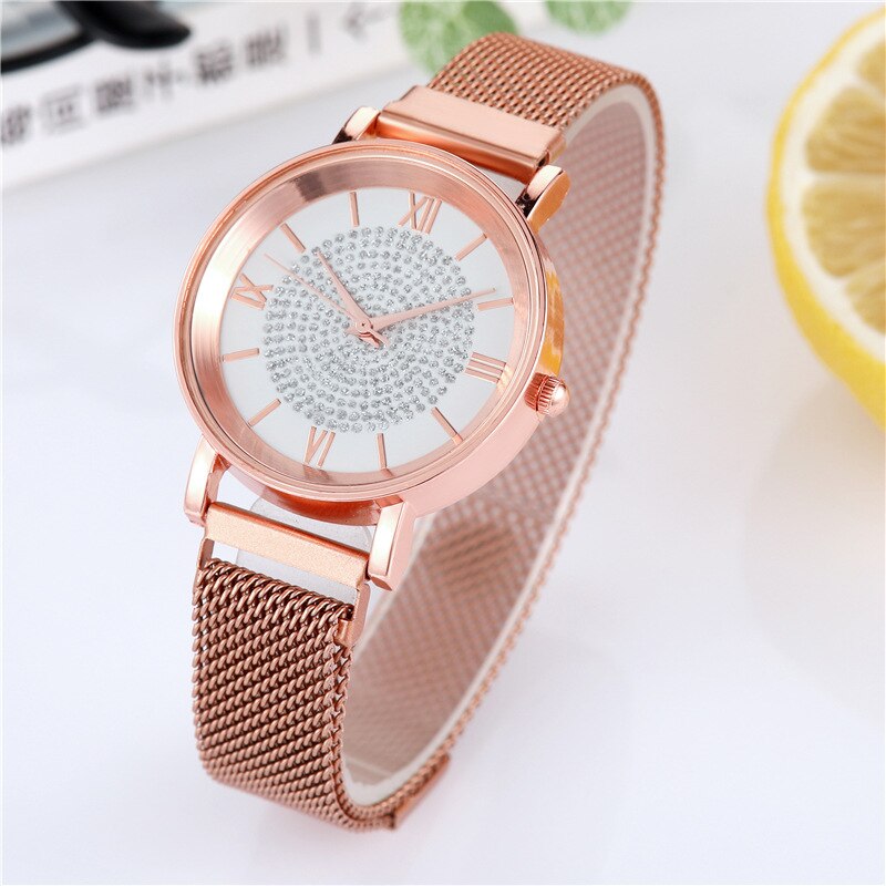 Relojes de de lujo para mujer, elegantes relojes de pulsera de oro para mujer, reloj de pulsera de cuarzo con hebilla magnética de malla inoxidable