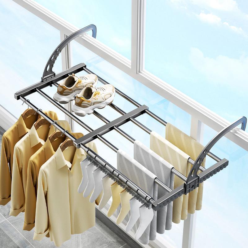 Telescopic Balcony Drying Rack Adjustable Window Mounted Clothes Hanger for Home Fence Shoe Towel Drying Foldable Laundry Rail: Red