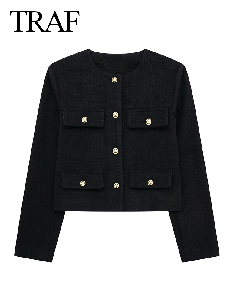 Trafza kvinder bomber cropped jakker dame blazer med gyldne knapper forår dame chic streetwear outwear top