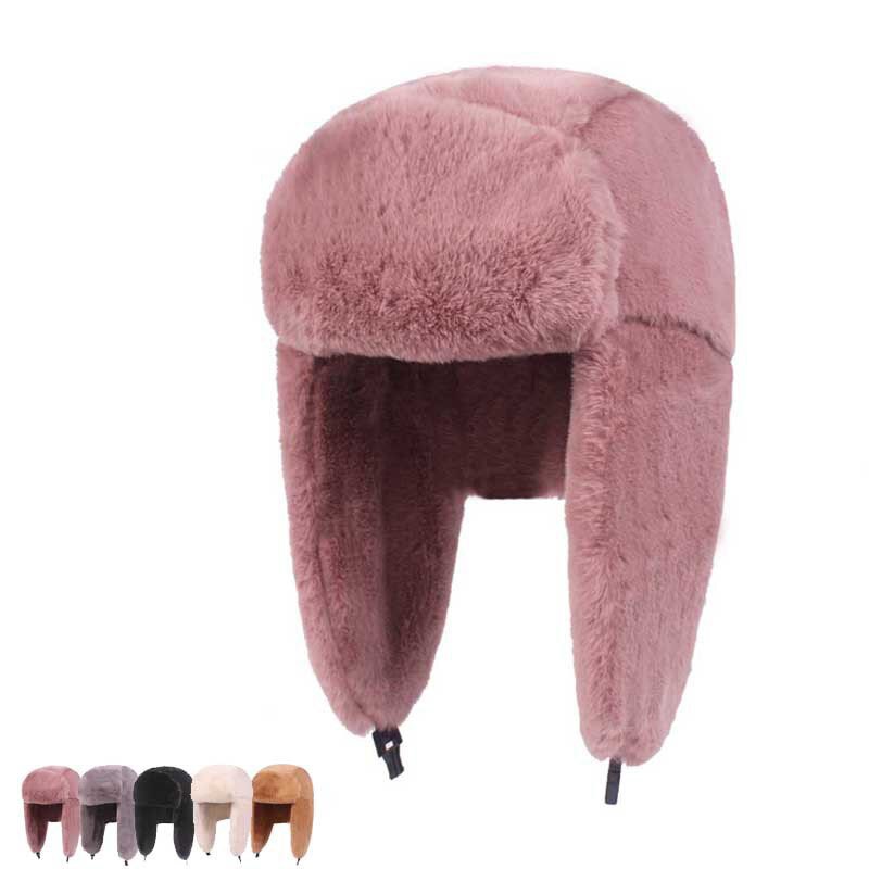 Vinter bomber hattar kvinnor ushanka keps med öronlaff tjockt varmt ryskt vindtätt sammet hatt öronskydd vuxen solid 58 cm