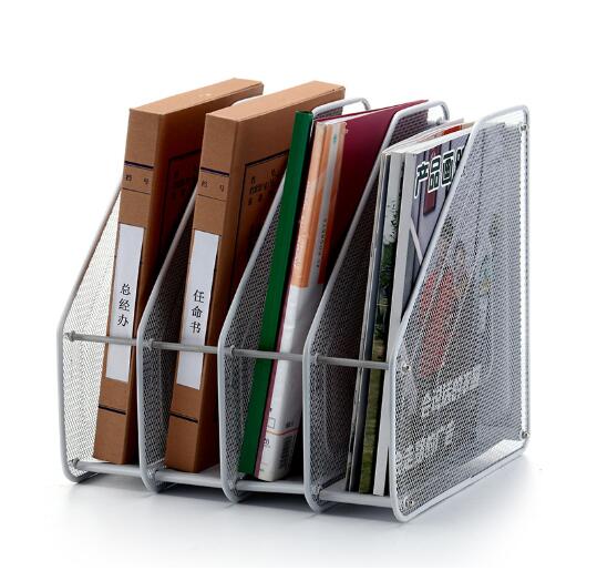 XRHYY Heavy Duty 4 Compartment Metal Mesh Office Desktop Document &amp; File Organizer Rack Magazine Holder For School Office Supply: Silver