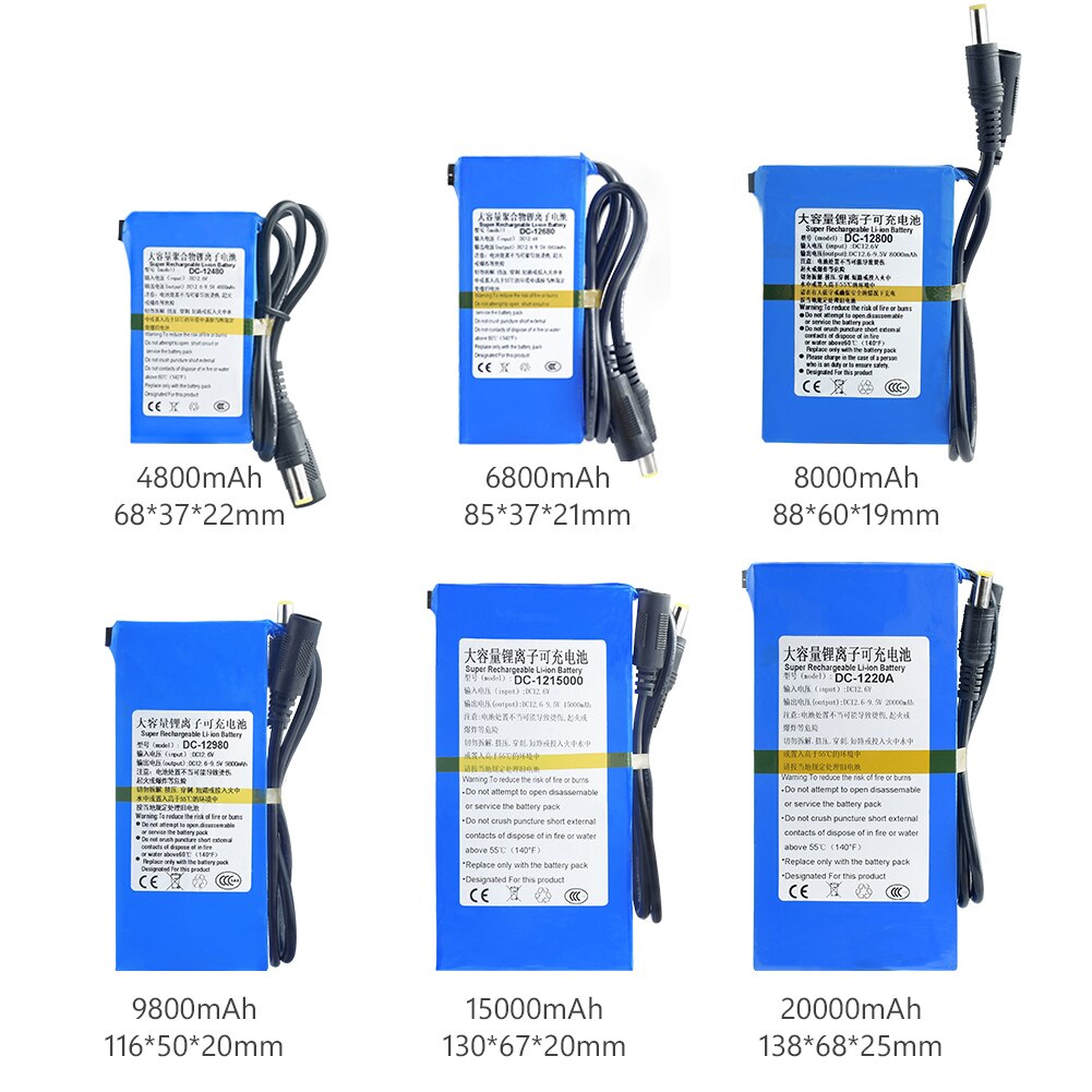 paquete de baterías de iones de litio de súper recargables, baterías de litio DC 12V 4800-20000mAh DC12680 12800 12980 121500