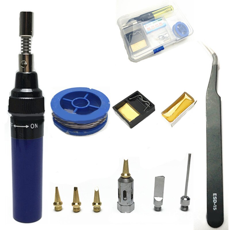 1300 Celsius Butaangas Lassen Soldeerbouten Welding Pen Brander Blow Torch Gas Soldeerbout Cordless Butaan Tip Gereedschap: blue 14pcs