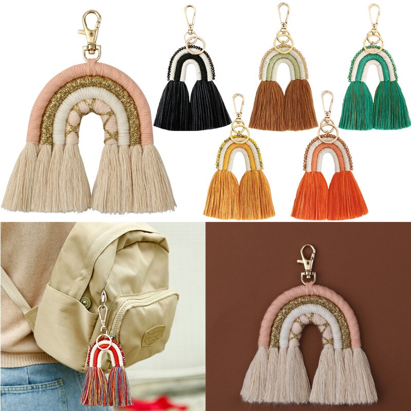 Weaving Macrame Rainbow Keychains Women Girls Boho Handmade key Holder Keyring Bag Charm Pendant Car Hanging