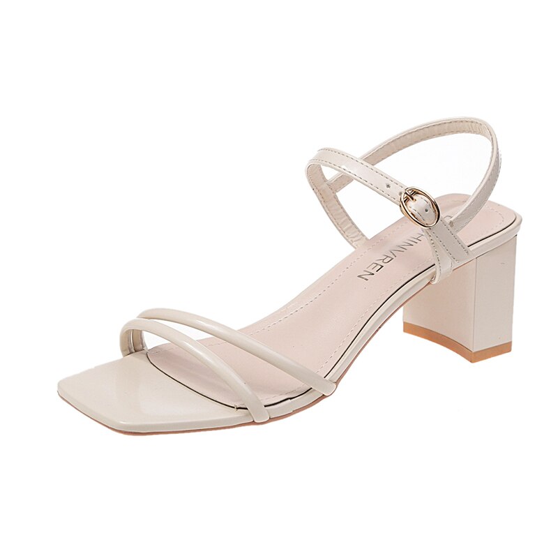 Lazyseal 6cm höga klackar vita sandaler kvinnor sommarrep ankelrem sandaler dam fyrkantiga klackar klassiker skor gula tofflor: Beige / 9
