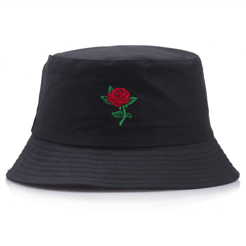Harajuku rose blomst fisker hat kvinder sommer spand hat bob kvinder mænd rose broderi fisker cap: Sort