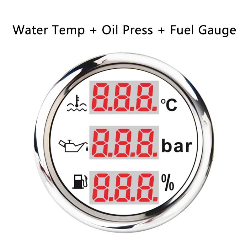 52mm Digital Gauge 3 in 1 Multi-Function Water Level Oil Press Fuel Gauge Tacho Meter Voltage With Alarm 9-32V: 6
