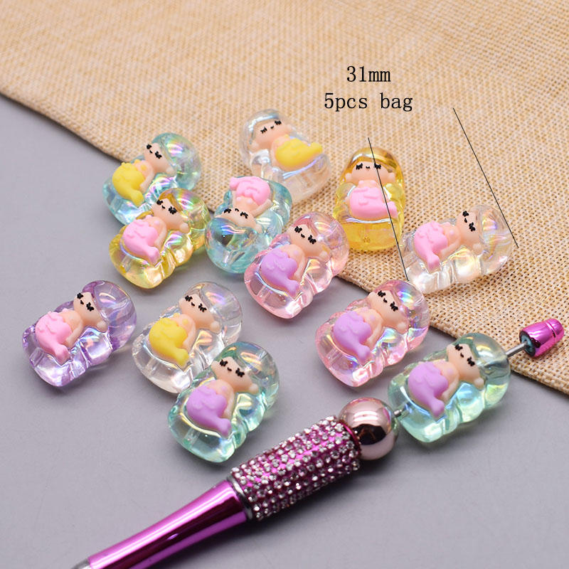 5 unids/bolsa cuentas acrílicas hechas a mano pequeño oso conejo Toon cuentas de sirena para fabricación de joyería DIY cadena de teléfono accesorios de bolígrafo: Blanco