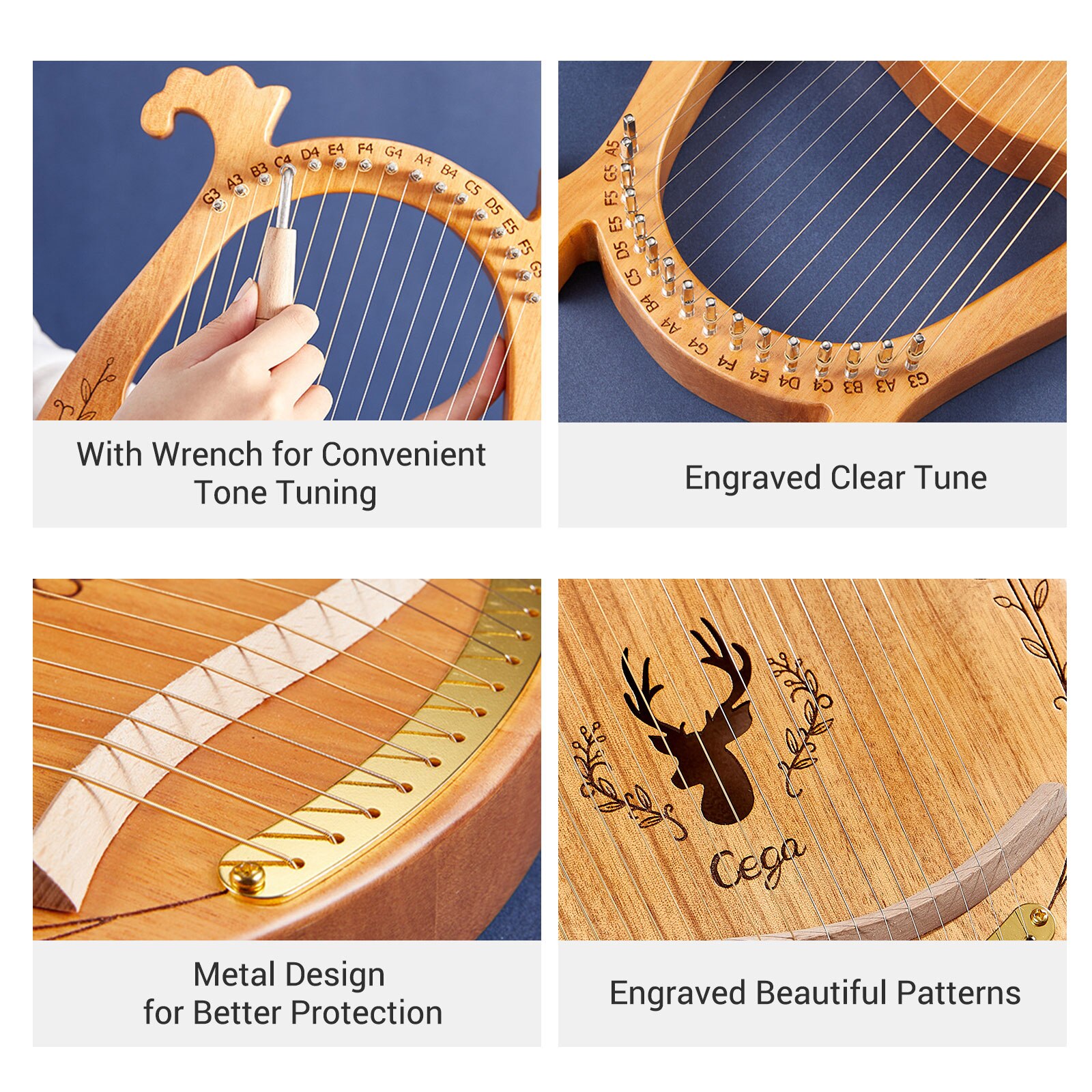 16-String Wooden Lyre Harp Resonance Box String Instrument & Tuning Hammer 7 Styles Harp Lyre string musical instrument for kids