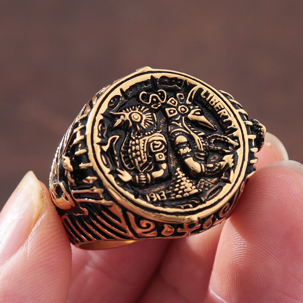 Mens Stainless Steel Anubis Egyptian Cross Ring - Punk Style Animal Band Ring