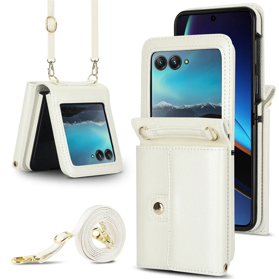 Umhängetasche aus Lanyard-Leder für Motorola Razr 40 Ultra, Moto Razr 40 Ultra, Brieftasche, Kartensteckplatz, stoßfeste Abdeckung, Handytasche: ABS / WHITE