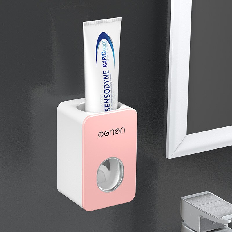 Automatisk tandpasta dispenser sæt vægmonteret hulfri tandpasta tandbørste opbevaringsstativ doven klemme maskine: Lyserød