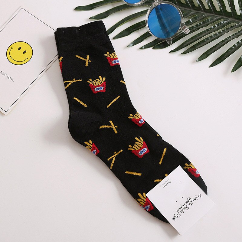 Frieten Banaan Bier Stijl Sokken Gelukkig Grappig Katoenen Sokken Cartoon Sokken Mannen Vrouwen Voedsel Fruit Streetwear Unisex Casual Sokken: black  French Fries