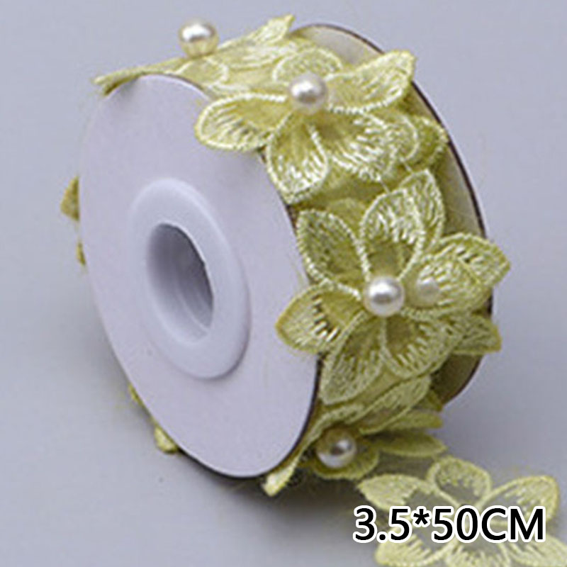 Blomst perle perler brodert blomster blond bånd listverk perle frynser blondere stoff håndlaget kjole syutstyr: Gul