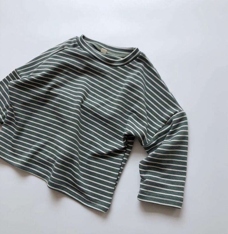 girls boys striped t shirt autumn cotton full sleeve kids top 1-7 years YQ841: Army Green