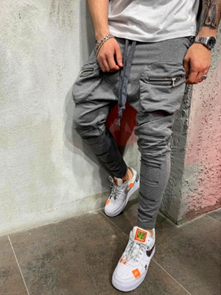 Men Cotton Multi Pocket zipper Casual Cargo Pants Jogging Party Pants