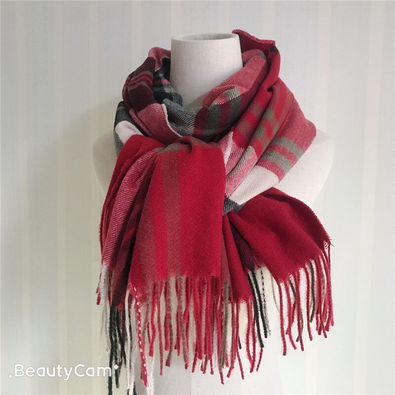 Direct Yellow Plaid Winter Scarf Shawl Women Wool Blends Poncho Wrap Female Tippet Stole Ladies Colorful Scarves Pashmina: Wine red