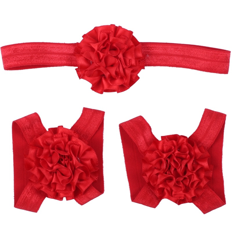 3 Stuks Een Set Leuke Baby Meisjes Peuter Bloem Haarband Hoofdband Bloem Barefoot Sandaal/Schoenen Set Kinderen Accessoires Rood: Default Title