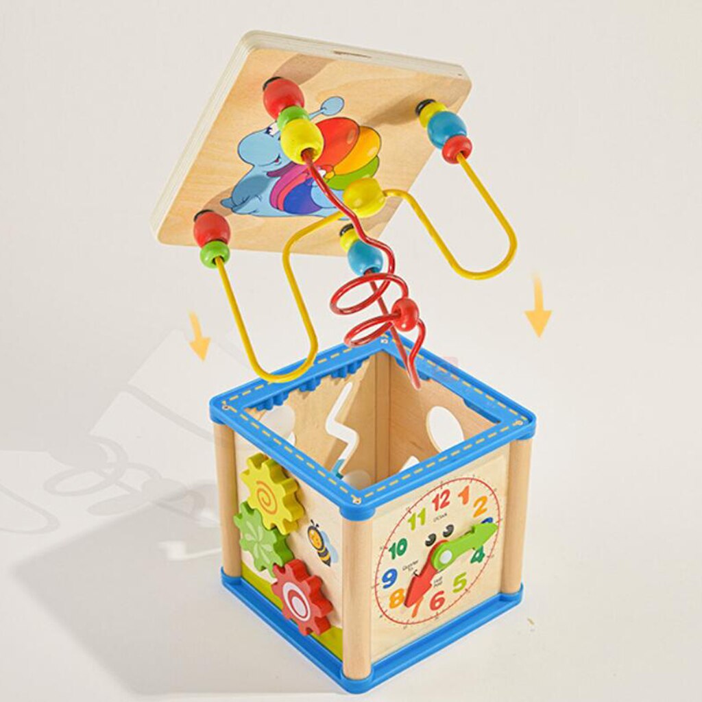 Wooden 5-Sided Activity Center with Bead Maze, Shape Sorter, Counting Beads & Gears Clock for 1 Year + Baby Toddler Boys Girls