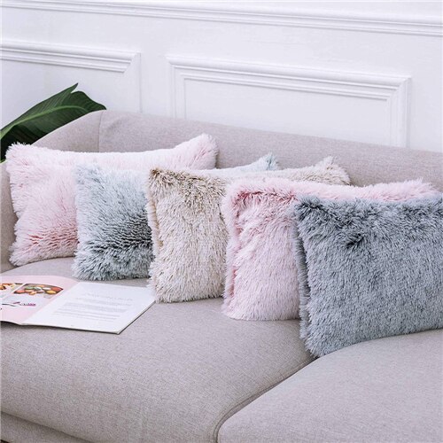 Fourrure artificielle housse de coussin poilu Faux plaine en peluche moelleux doux housse de coussin oreiller couleur unie cas maison canapé décor 45x45cm