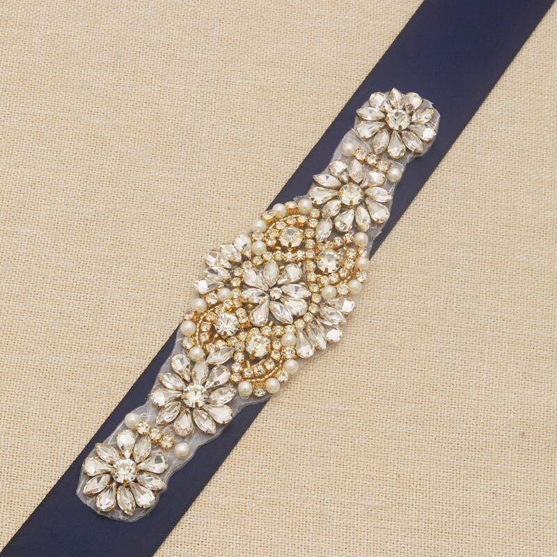 MissRDress Bruids Riem Gold Strass Wedding Belt Crystal Parels Satin Bridal Wedding Sash Voor Vrouwen Jurken JK929