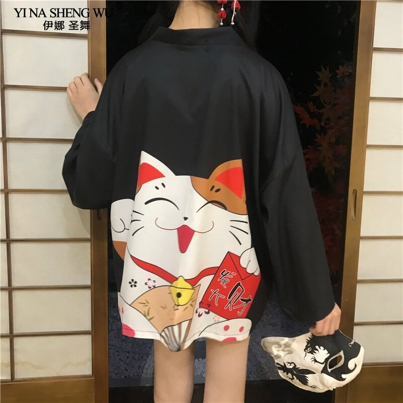 Cárdigan Harajuku de japonesa para mujer, Kimono negro, rojo, gato de la suerte, blusas informales holgadas para chica